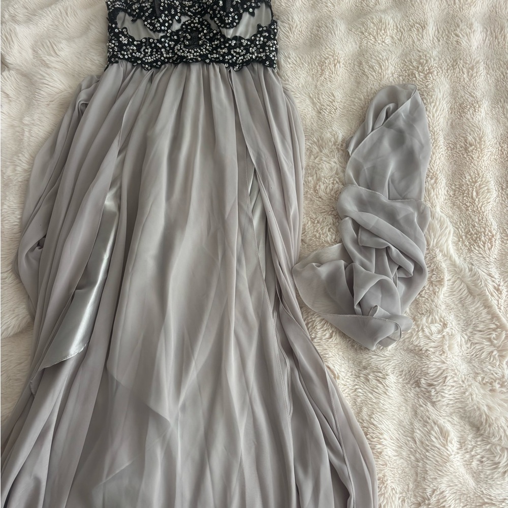 Elegant Gray Chiffon Gown with Beaded Bodice